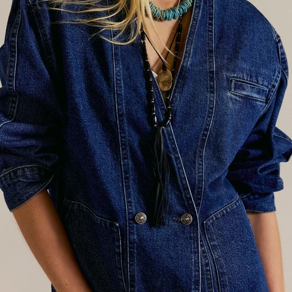 Free People Blue Denim Jean Jacket Size XL - Picture 1 of 8